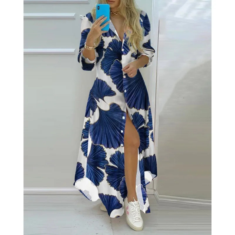 Bohemian womens printed long sleeved dress summer lapel long sleeved party dress womens casual evening dress vest 250117