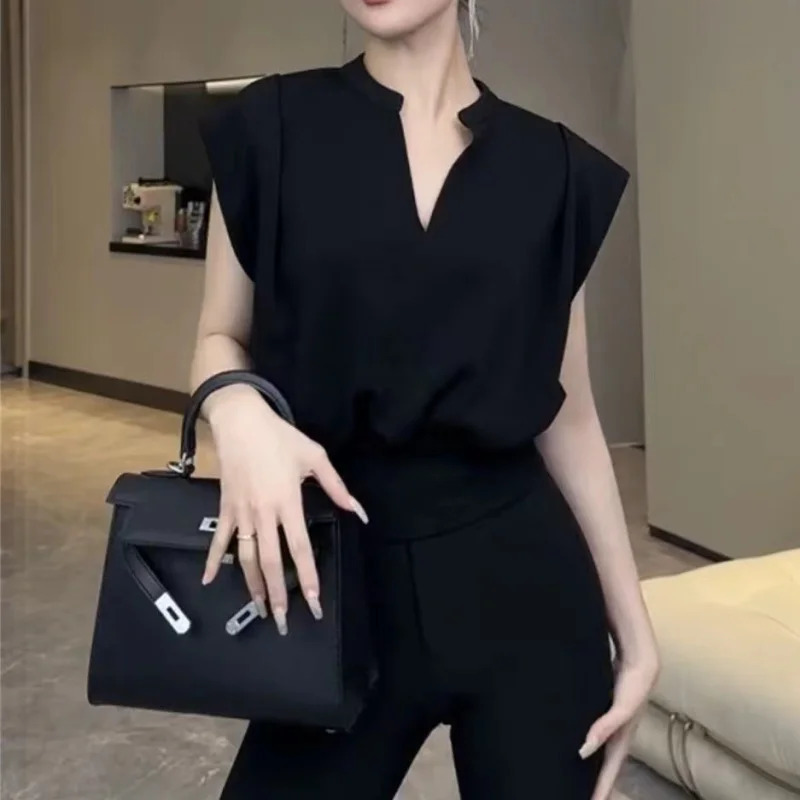 Black Vneck Short Shirt Summer Crop Top Womens Fashion Sleeveless Shirts Elegant Office Lady Clothes Top Casual Blouse 250121