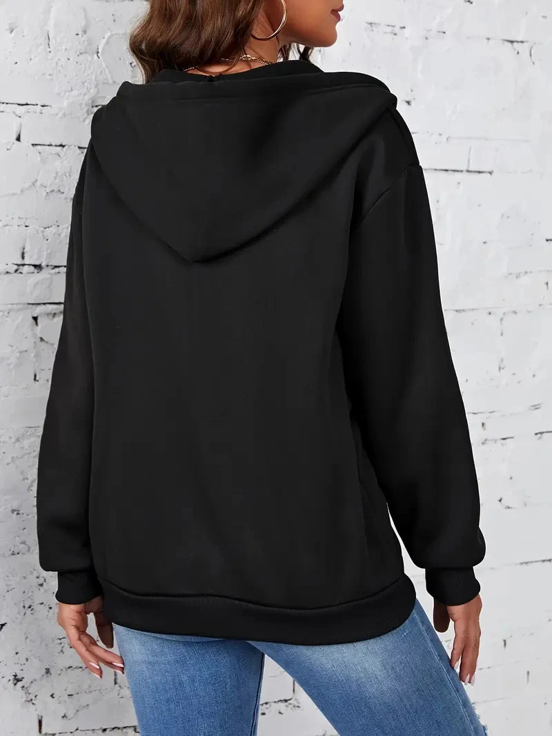 Solid Drawstring Hoodie For Women Autumn And Winter Velvet Thickened Longsleeved Zip Sweatshirt 250122