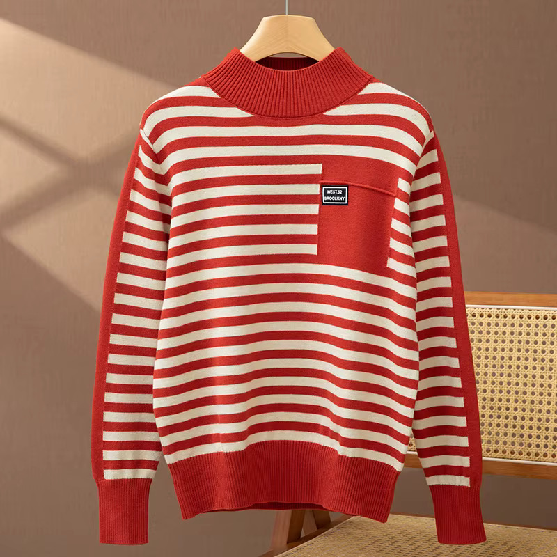 Autumn Winter Women Wool Fashion Soft Sweater Female Half-High Collar Strip Pullover Loose Casual Knitwear Bottomming Tops