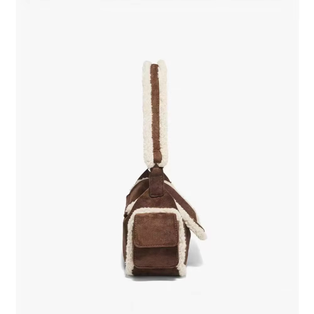 Ins Chic Matte Cowhide Leather With Real Lamb Wool Women Shoulder Bag Fashion Kakhi Color High-End Female Handbag Small