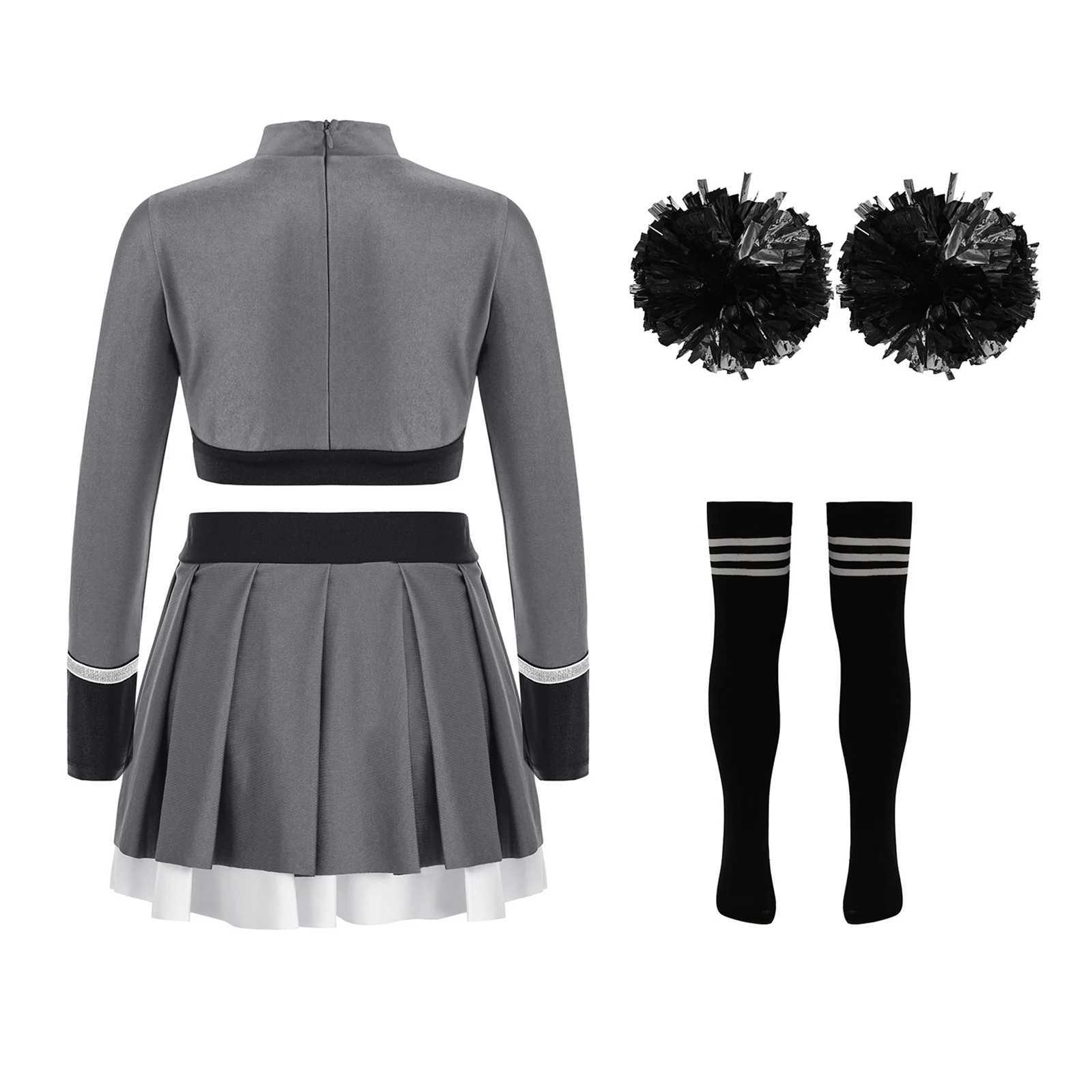 Kid Girls Cheerleading Uniform Cheerlead Dance Outfit Crop Top Pleated Skirt Flower Balls Socks for Cheering Team Dancewear SetsW250121