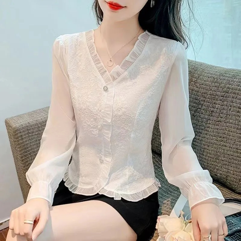 Women Spring Autumn Style Chiffon Blouses Shirts Lady Casual Long Flare Sleeve VNeck Blusas Tops ZZ1553 250121