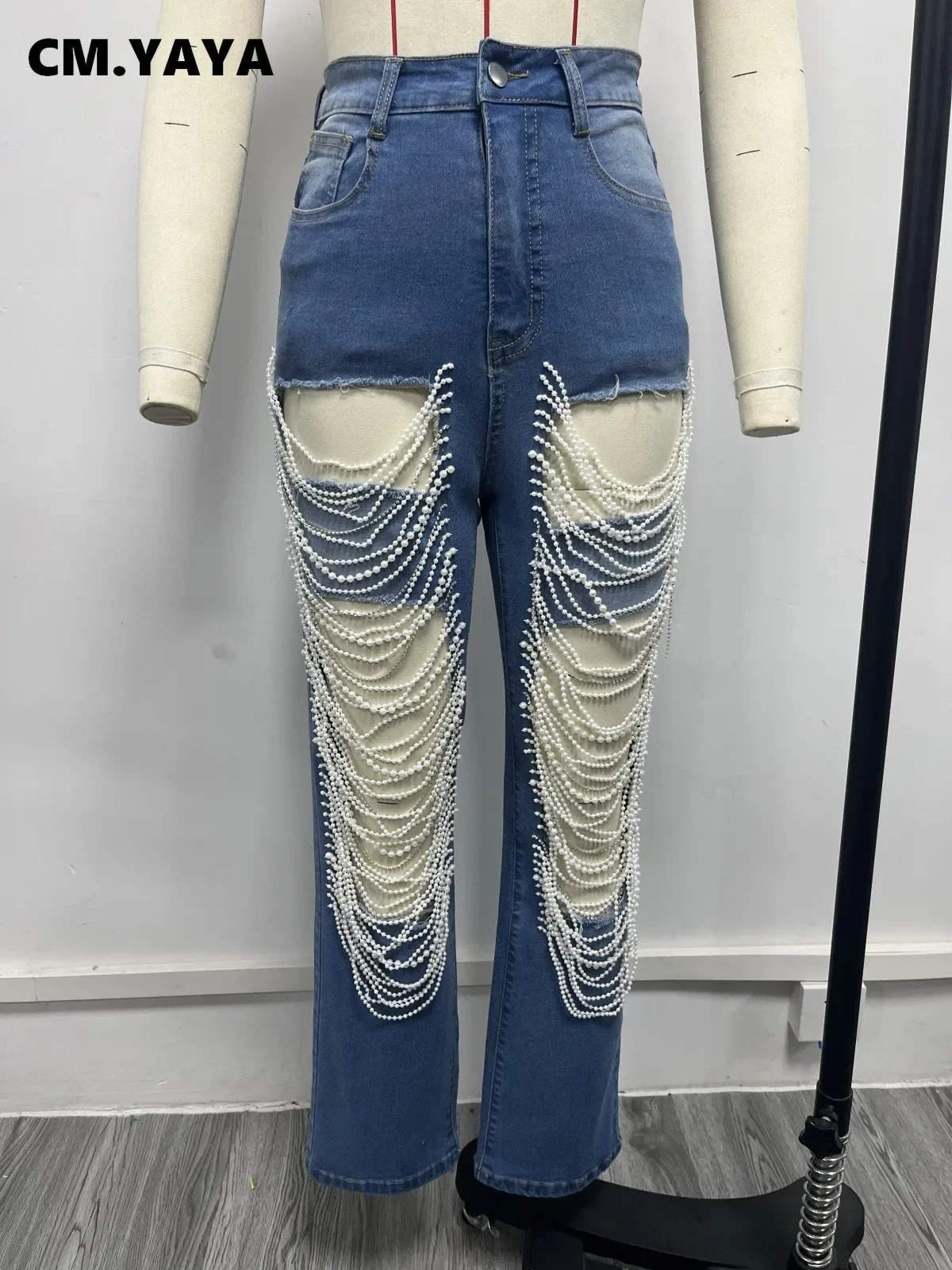 CM.YAYA Women Fashion Pearl Beading Ripped Hollow Out Tassel Wide Leg Jeans Summer INS Street Denim Pants Trousers 250117