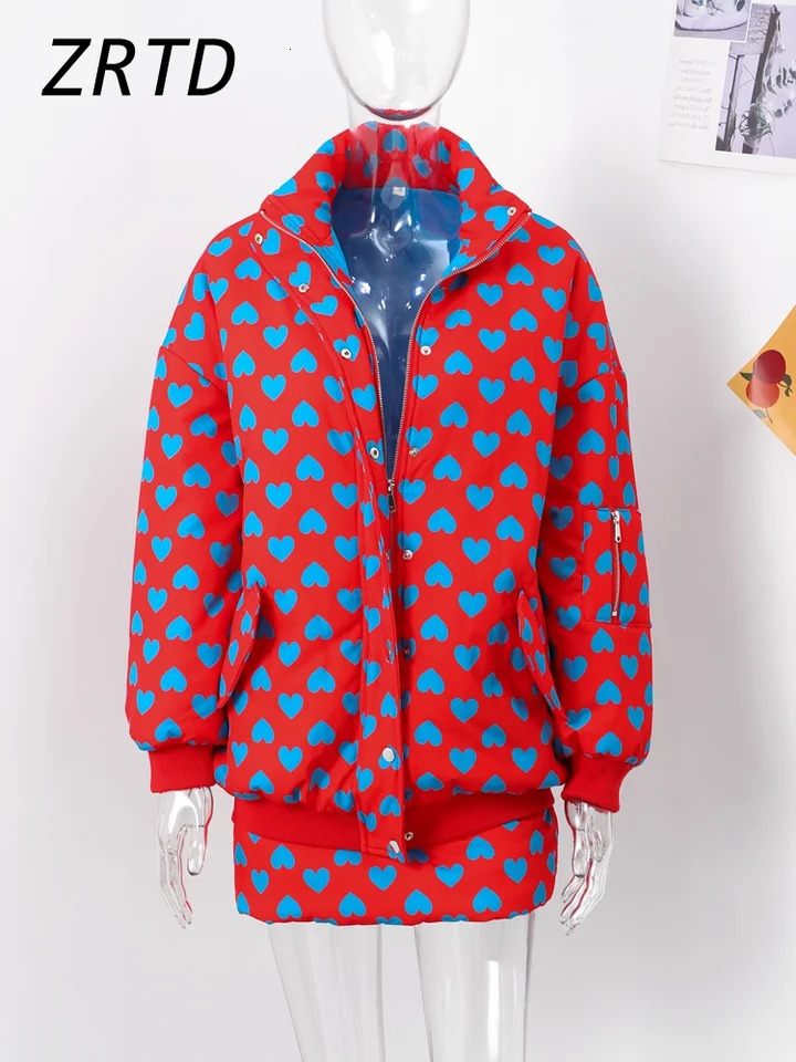 Oversize Heart Printed Jacket Mini Skirt Sets Women Loose Stand Collar Zipper Pockets Jackets Short Skirts 2024 Lady Y2k Outfits 250113