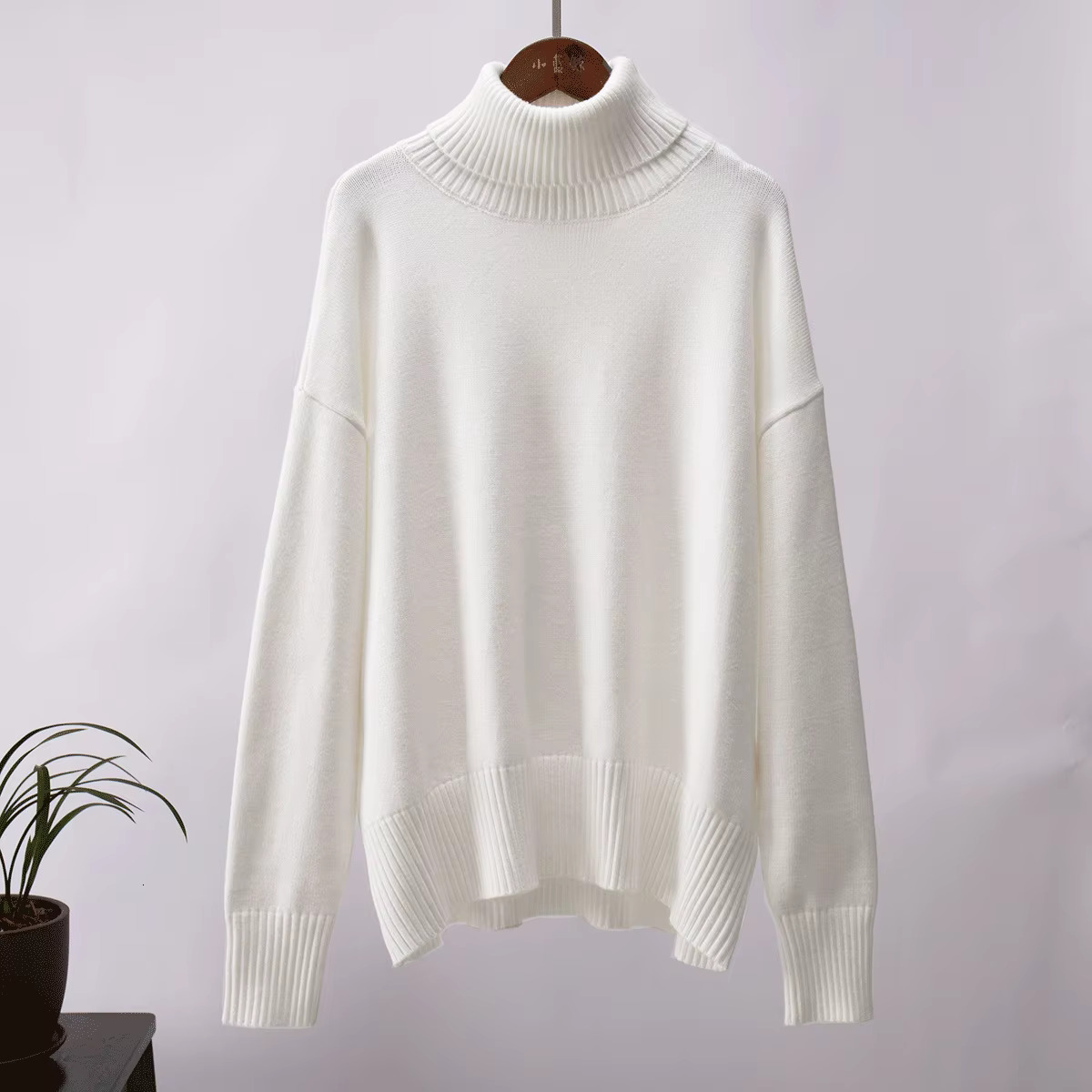 Fashion Women's Turtleneck Autumn Winter New Knit Pullover Oversized Jumper Female Loose Casual Solid White Sweater Tops