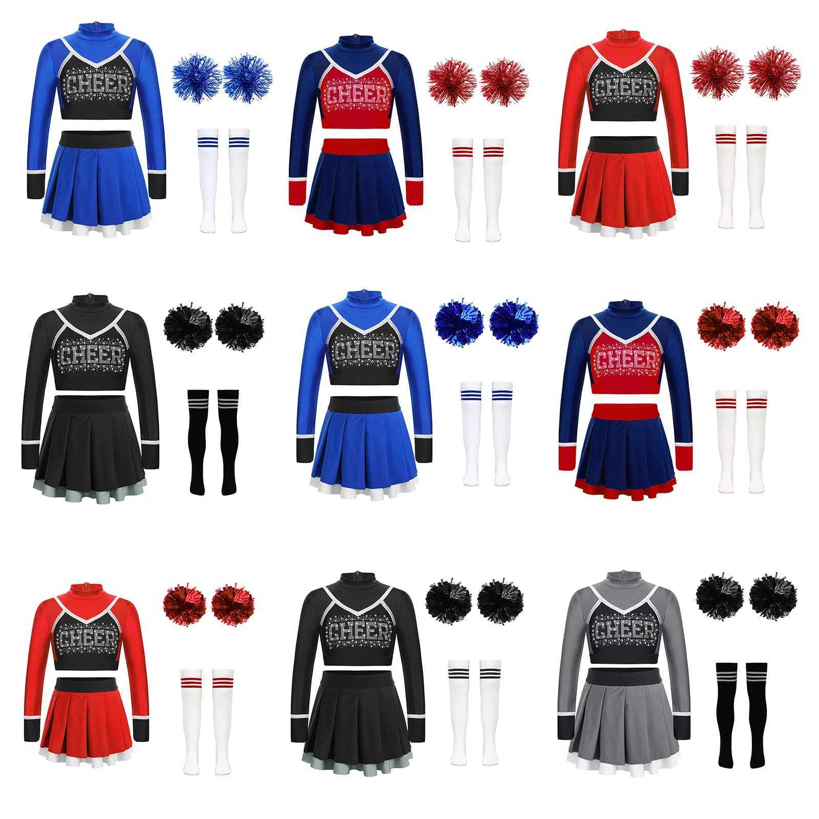 Kid Girls Cheerleading Uniform Cheerlead Dance Outfit Crop Top Pleated Skirt Flower Balls Socks for Cheering Team Dancewear SetsW250121