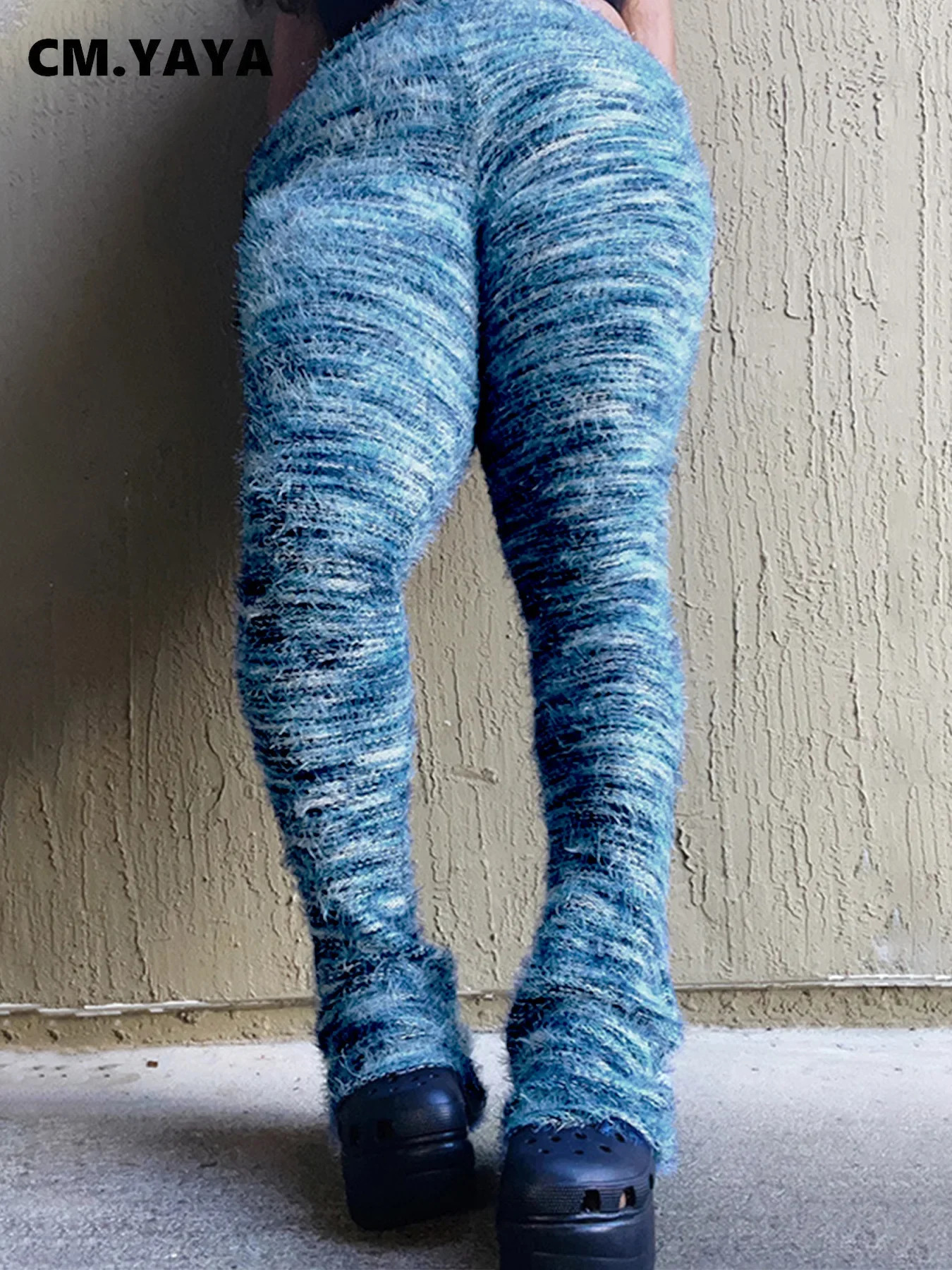 CM.YAYA Womens Street Clothing Knitted Ribbon Stripes Keep Warm Winter Shining Pants Fashion Event High Waist Trousers 250122