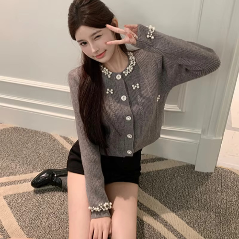 Cardigan Beading Pure Temperament Ins Knitted Korean Fashion Cropped All-Match Daily Autumn Winter Sweet Gentle Girls Elegant