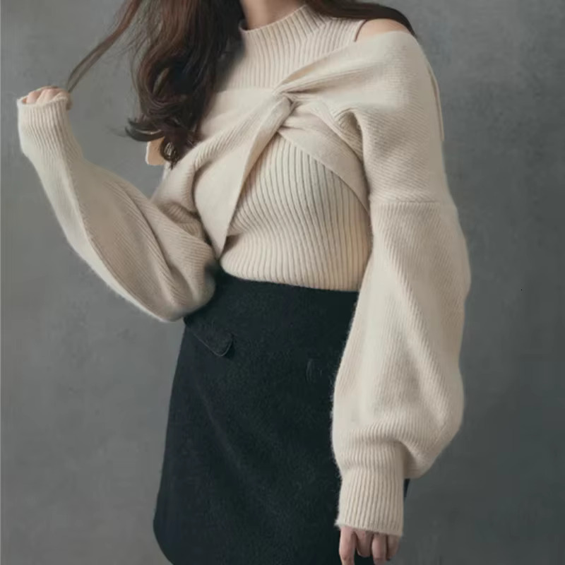 Simple Turtleneck Knit Vest + Lantern Sleeve Sweater Elegant Casual Jumpers Knitwear 2024 Autumn Winter Japanese Two Piece Sets