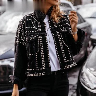 Rivet Studded Denim Jacket Autumn Loose Outwear Female Students Casual Short Jeans Coats Jacket Women Outwear 250122