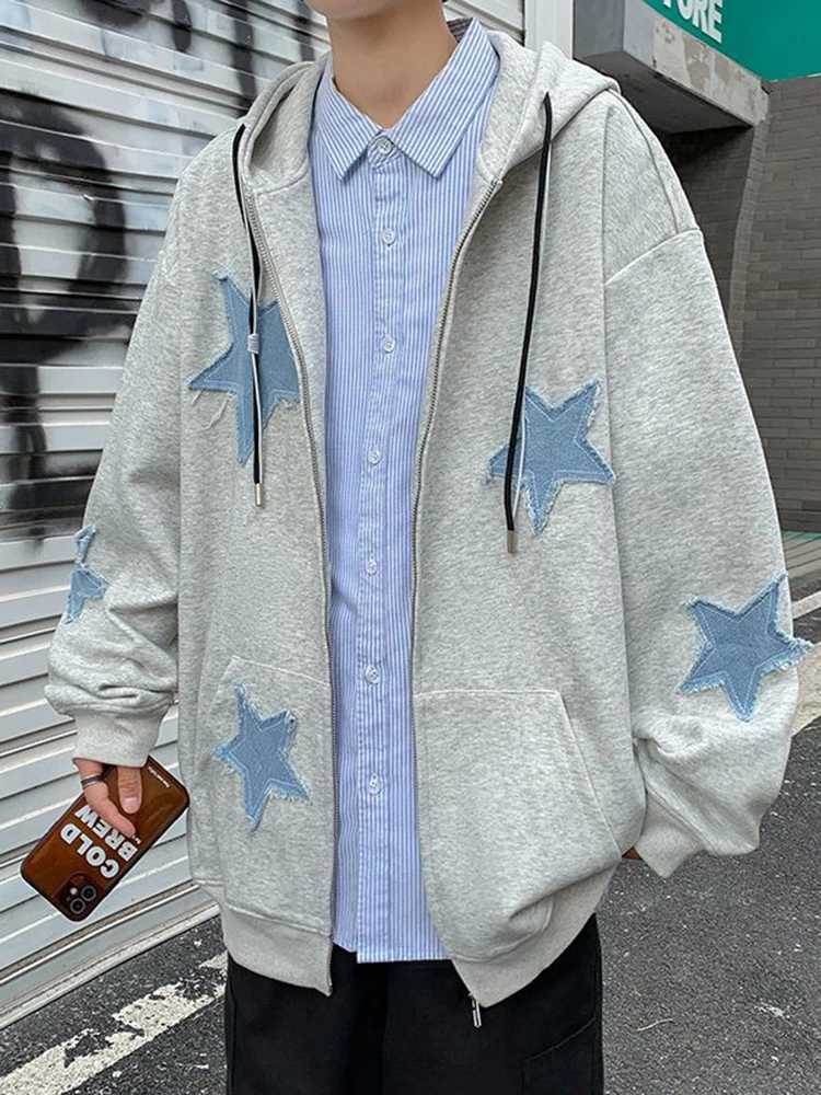 Y2k Hip Hop Womens Star Patch Zip Up Hoodie for Women Oversized Sweatshirt Jacket E-Girl 90s Pullover Gothic Streetwear W250117