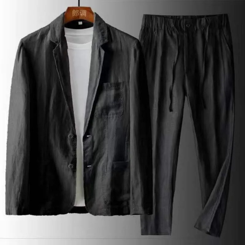 Spring Summer Men Set Fashion Cotton Linen Twopiece Blazer Jacket Pants Casual Business Thin Clothing Breathable Suit 250110