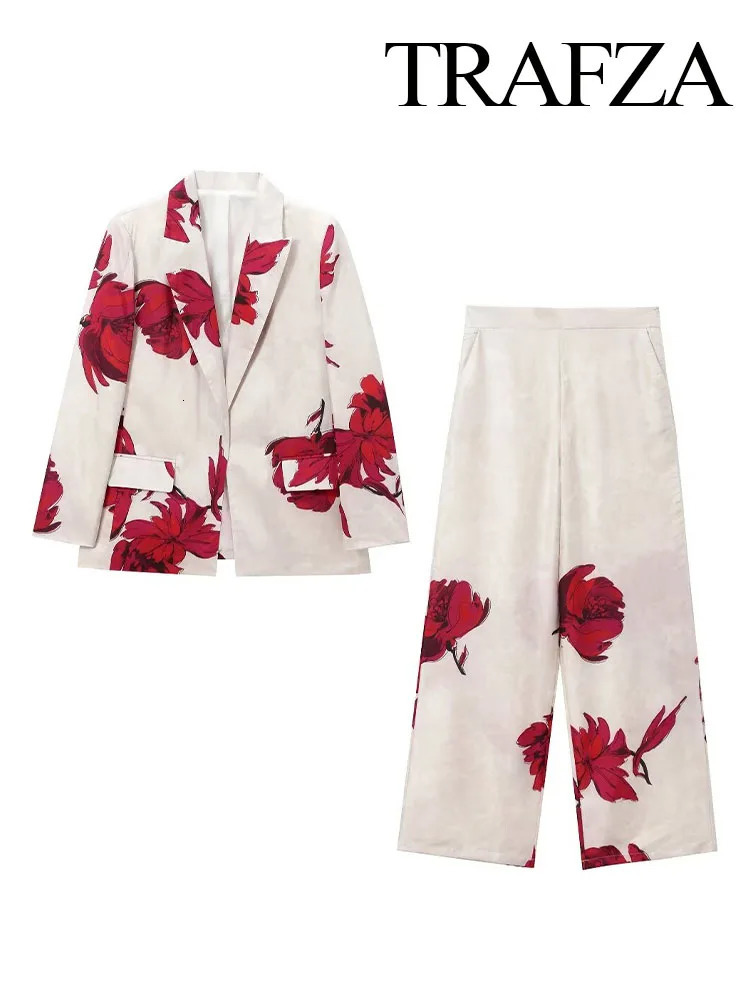 TRAFZA Womens 2piece Elegant Printed Collar Long Sleeve Pocket Decorative Jacket TopUltra Thin Loose Side Zipper Wide Leg Pants 250122