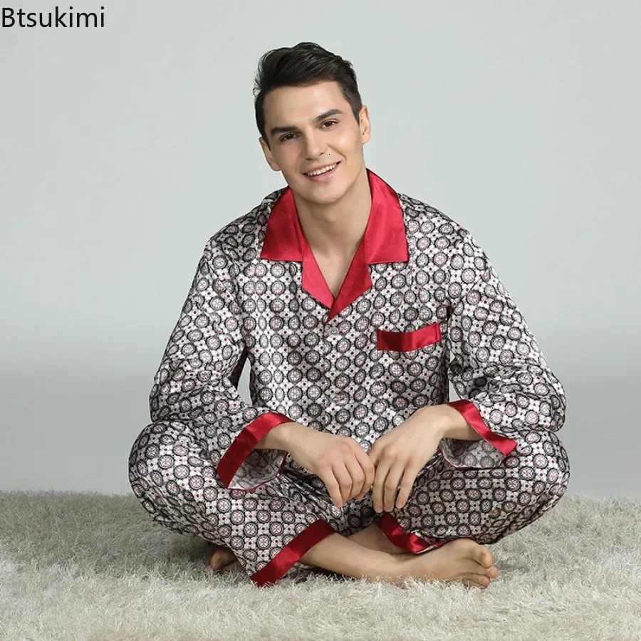 Mens Spring Summer Pajamas Sets Long Sleeve Tops Pants Twopieces Satin Home Clothes Male Ice Silk Printed Lounge Nightwear 250122