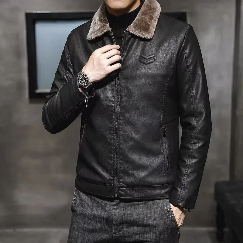 Vintage Brown Leather Jacket Mens Winter Faux Fur Collar Windproof Warm Coat Male Clothing chaqueta cuero hombre 250120