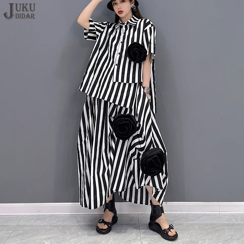 Korean Style Tie Flowers Decorated Loose Fit Two Pieces Set Woman Summer Oversized Striped Blouse Shirt And Skirt Outfit JJSE016 250122