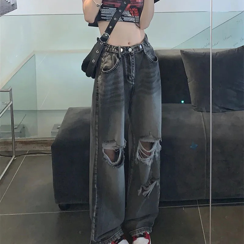 Y2K Ripped Denim Pants for Women Spring Button High Waisted Baggy Washed Hole Vintage Jeans Casual All-Match Straight Trousers 250117