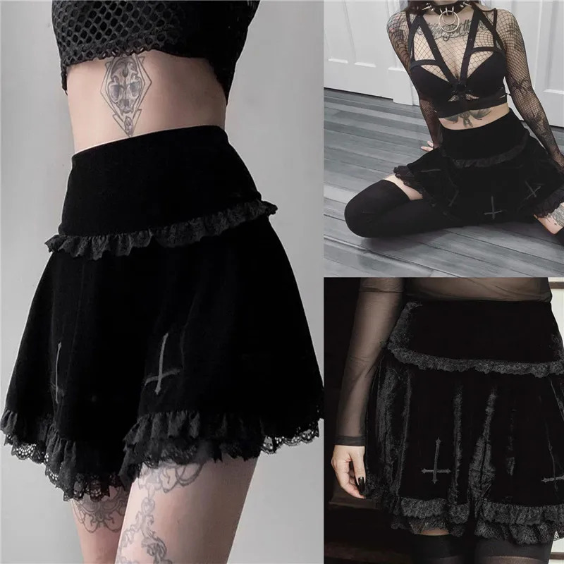 Lamuusaa Punk Gothic Skirt 2000 Black Dark Academia Cross Print High Waist Pleated Aline y2k Vintage Lace Skirts 250110Z
