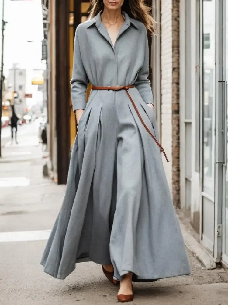 Lemongor British Style Long Sleeves Pleated Lapel Wide Leg Jumpsuits Women Spring Autumn Casual Office Grey Jump Suits 250114