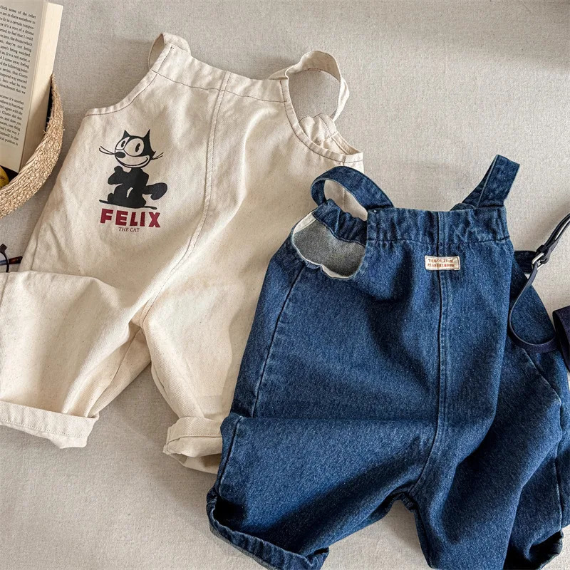 Spring Children Loose Overalls Cotton Baby Girls Cartoon Print Strap Pants Boys Wide Leg Kids Casual Trousers 250117