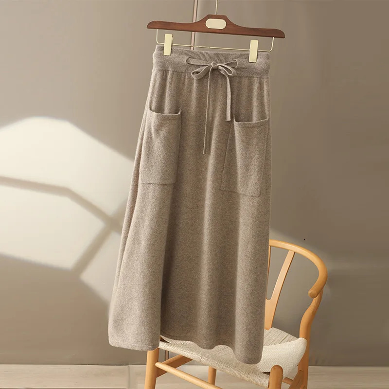 Autumn And Winter100 Pure Wool Skirt Womens Long Pocket Small A High Waist Slim Cashmere Knit ALine 250121
