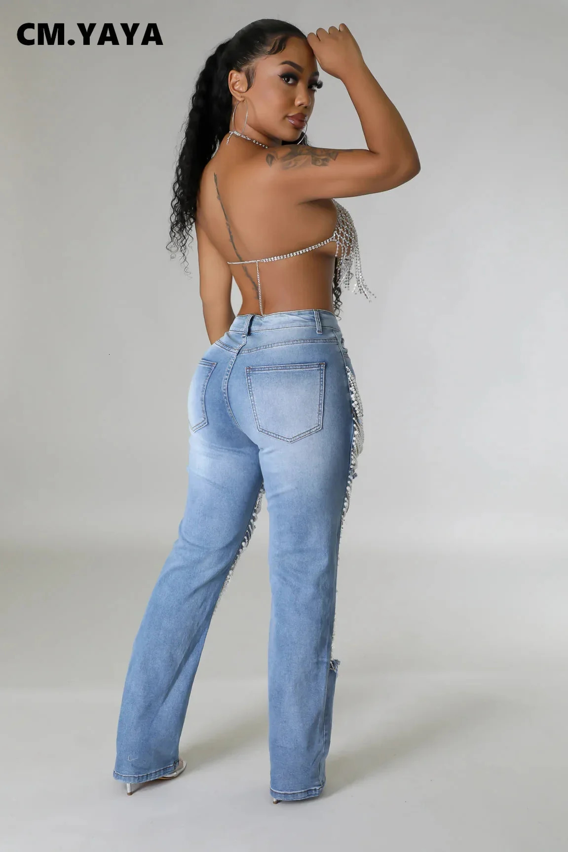 CM.YAYA Women Fashion Pearl Beading Ripped Hollow Out Tassel Wide Leg Jeans Summer INS Street Denim Pants Trousers 250117