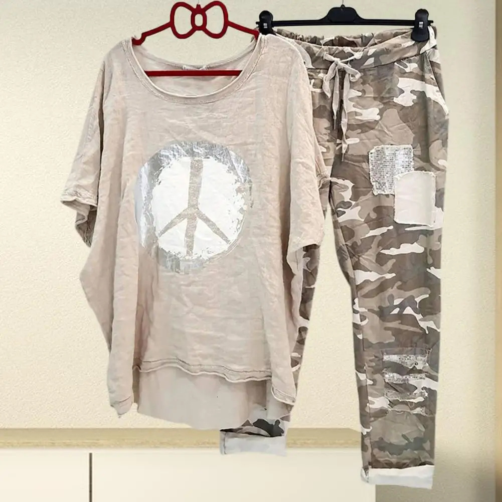 1 Set Tshirt Pants ONeck Two Piece Asymmetrical Laceup 250113