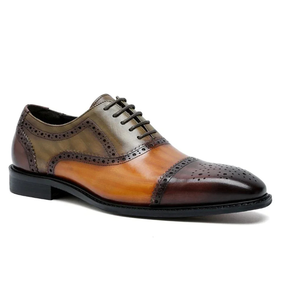 Color Block Genuine Leather Mens Formal Oxford Shoes Cap Toe Lace Up Brogue Business Party Elegant Gentleman Dress Shoes for Men 250113