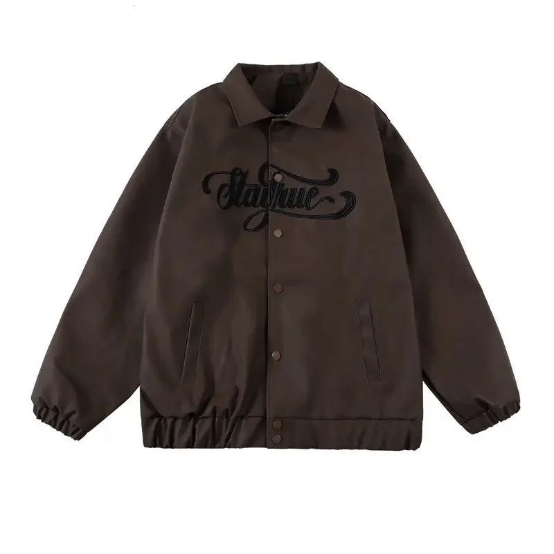 Spring Brown Retro Letters PU Leather American Jackets Men Women High Street Trend Loose Casual Embroidery Couple Jacket Coat 250120