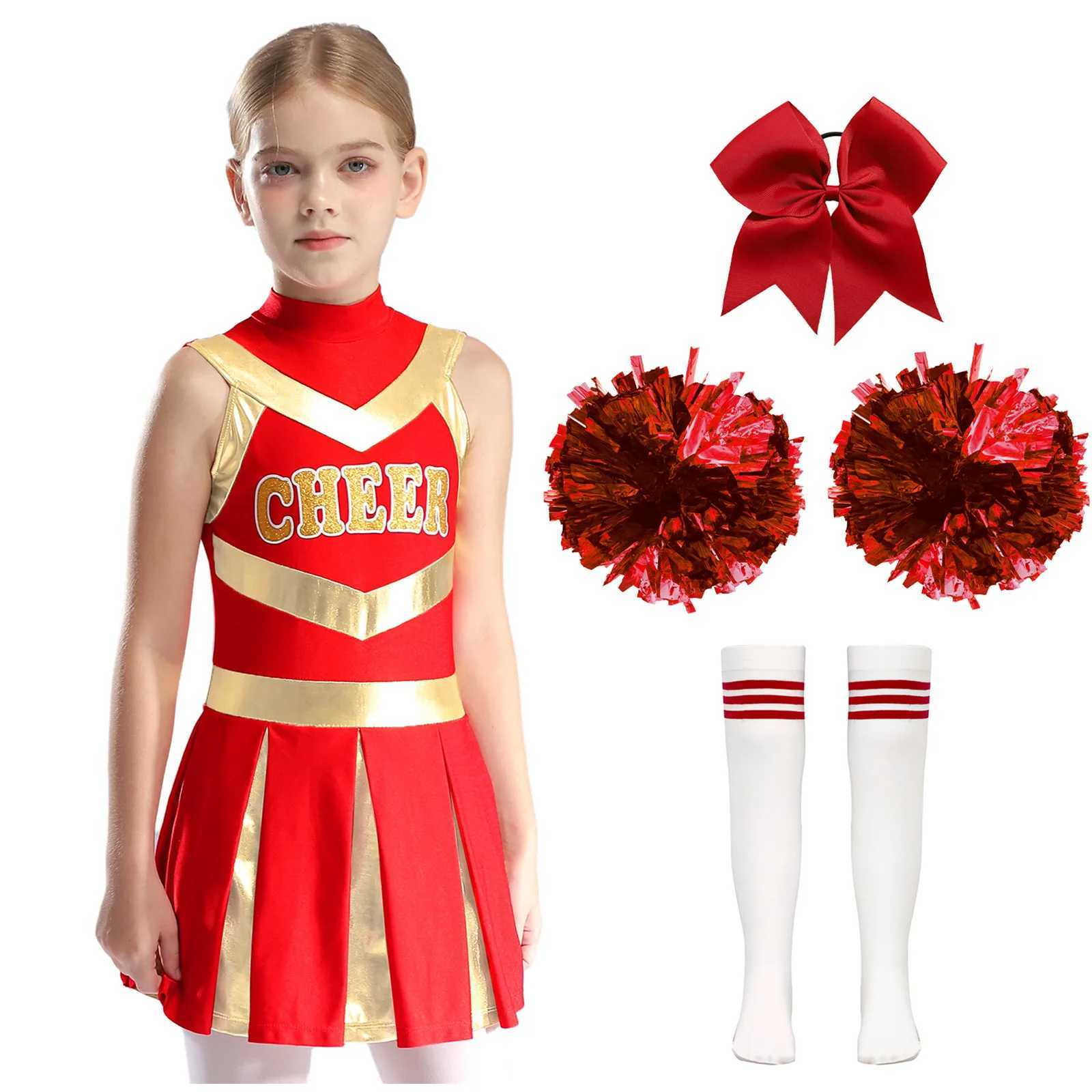 Kids Cheer Dance Outfit Girls Letter Print Pleated Dress Headwear Flower Balls Socks Cheerleader Costume Cheerleading UniformW250121