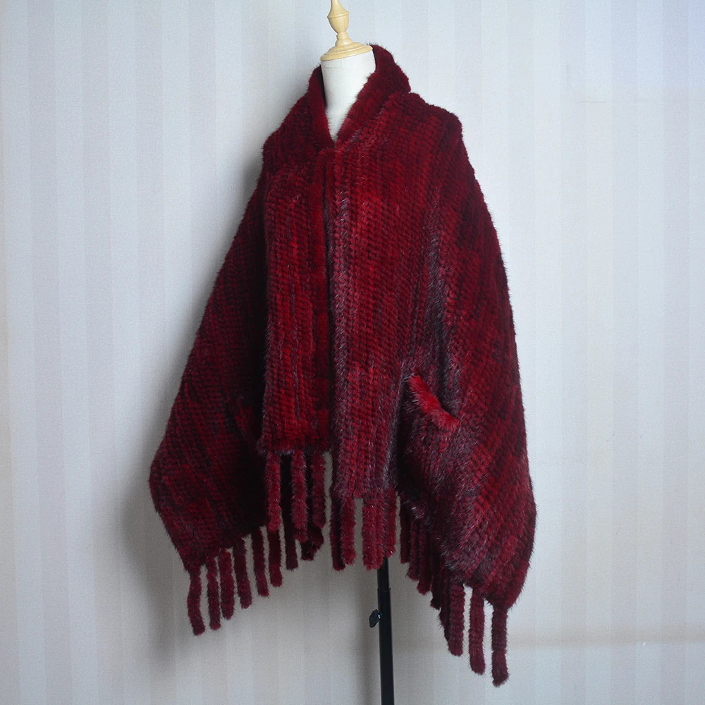 2025 Women Genuine Knitted Mink Fur Showl Scarf Lady 100%Natural Real Mink Fur Shawl With Tassel Fashion Mink Fur Ponchos 250120