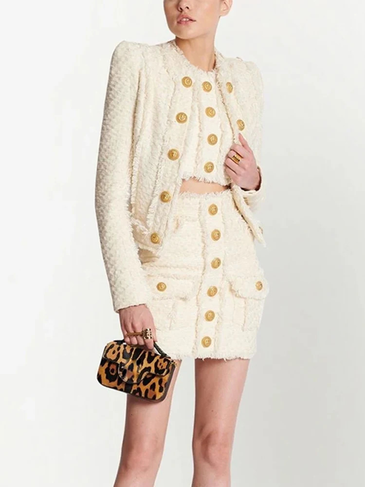 HIGH STREET est FW ner Fashion Suit Set Womens Lion Buttons Tassel Fringed Tweed Jacket 250122
