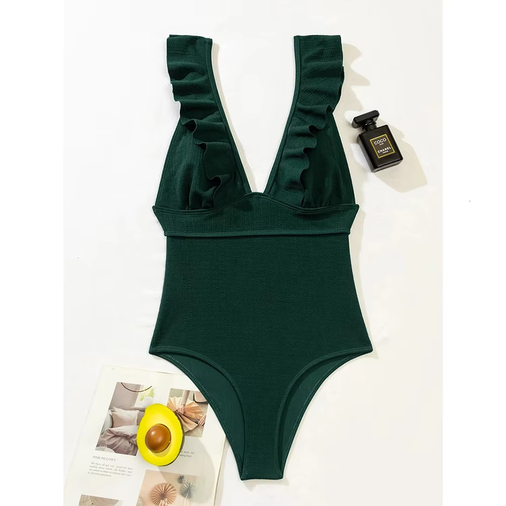 2022 New Sexy Ruffle One Piece Swimsuit Off The Shoulder Print Ral Swimwear Women Solid Deep-V Bathing Suits Summer Beachwear