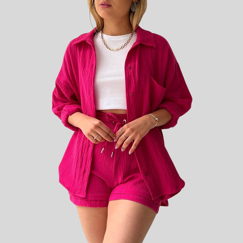 European and American women's clothing two-piece set wrinkled cloth lapel collar long-sleeved shirt high waist drawstring shorts large size fashi