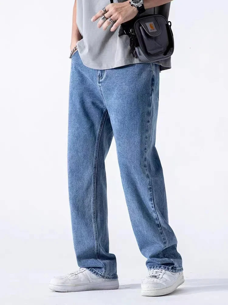 Spring Summer Mens Jeans Straight Denim Pants Elastic Waist Cotton Streetwear Male Wide Baggy Casual Blue Trousers 250121