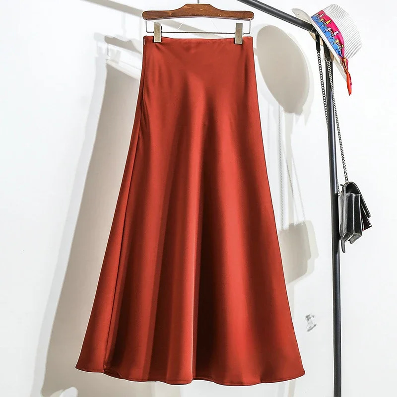 High Waisted A-line Skirt for Women Satin Silk Solid Elegant Skirts Office Lady Elastic Waist Womens Long Skirt Summer 250118
