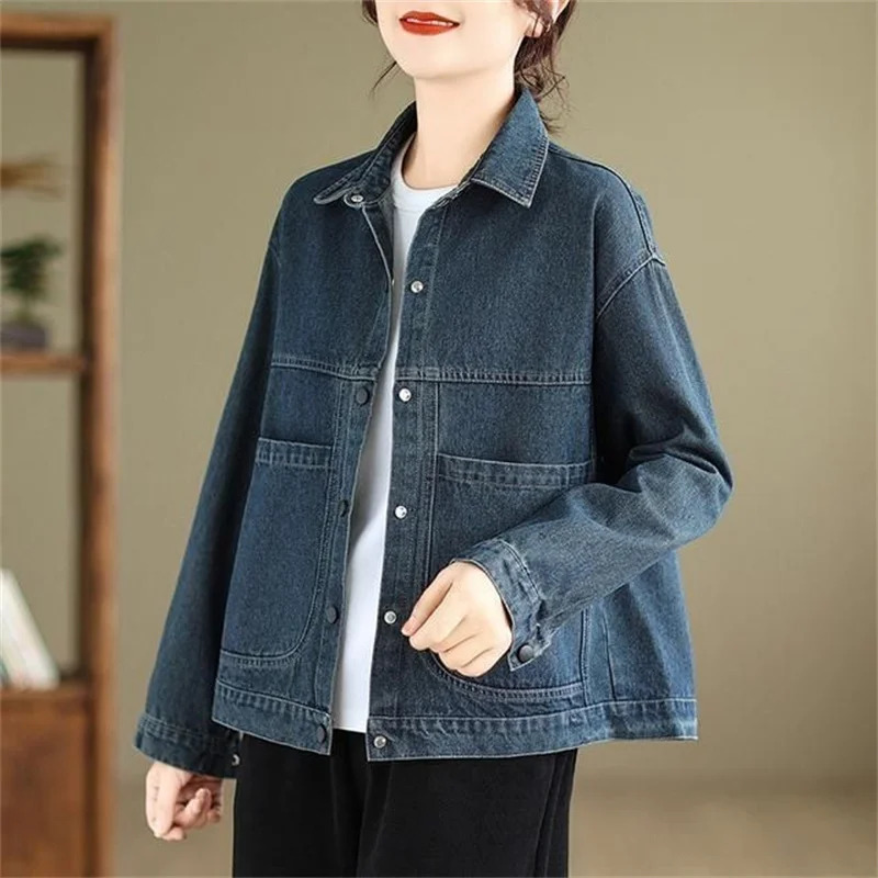 2024 Autumn Women Denim Jacket Retro Long Sleeve Jeans Female Loose Casual Coat Outwear Overwear 250113
