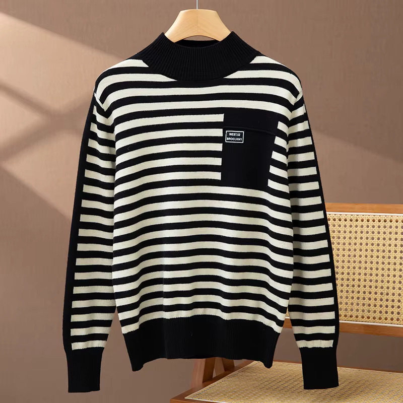 Autumn Winter Women Wool Fashion Soft Sweater Female Half-High Collar Strip Pullover Loose Casual Knitwear Bottomming Tops