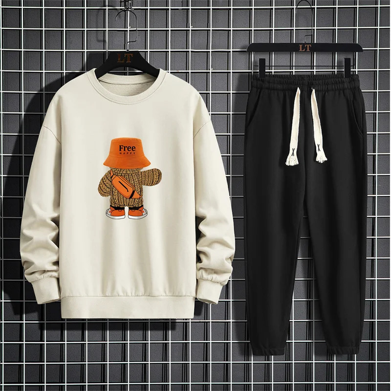 Spring and Autumn mens suit cartoon print round neck long sleeved loose sports shirt with casual sports pants two-piece set 250117