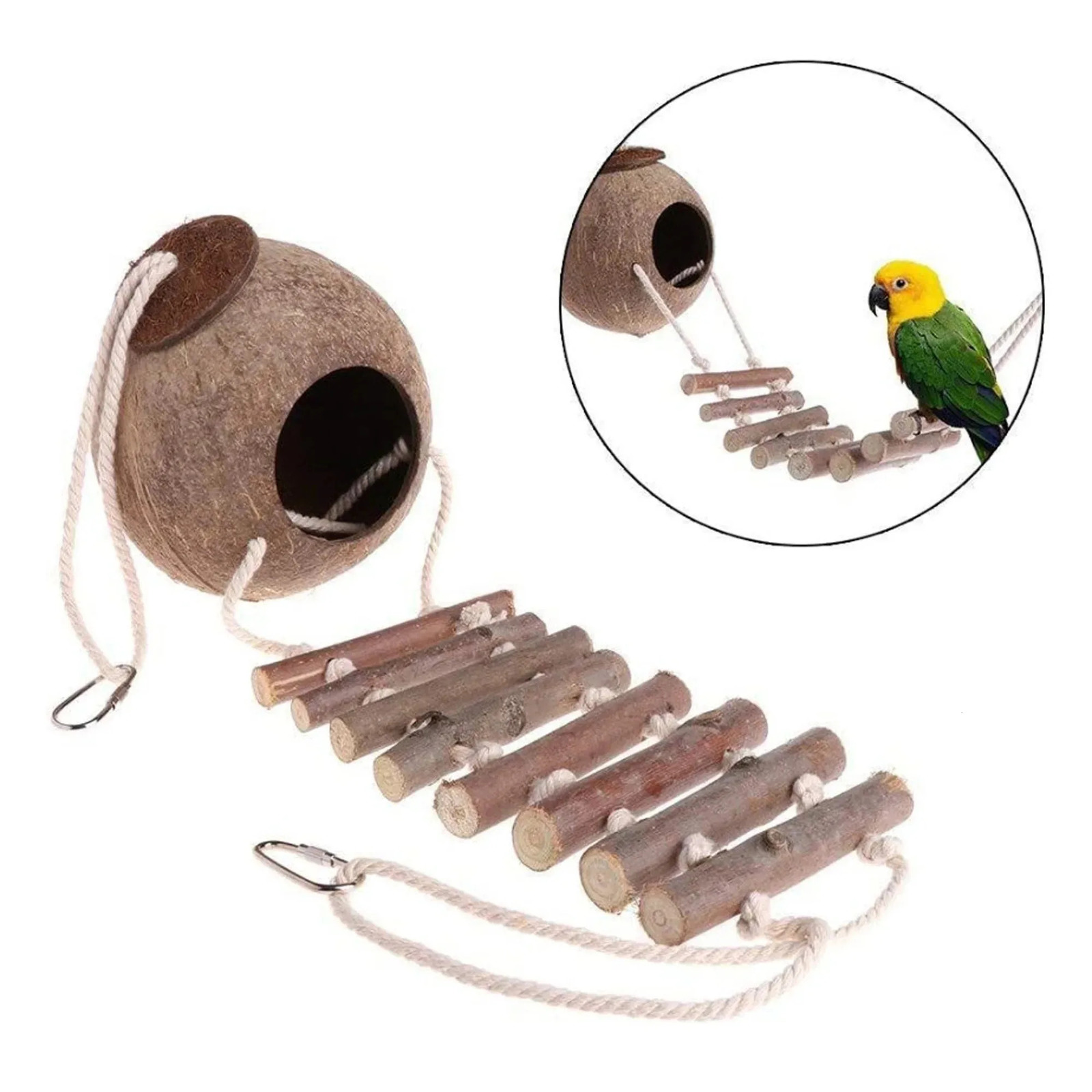 1 Pc Natural Coconut Shell Bird Nest Pet Bird Hanging Bird Nest Coconut Fiber Bird Nest Box With Ladder Pet Parrot Bird House 250121