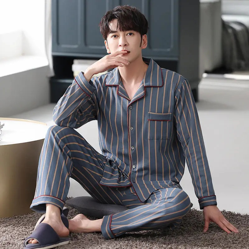 100% Cotton Mens Fall and Winter LongSleeved Long Pants MiddleAged Thin Section of Pajamas Sleepwear Homewear Suit Loungewear 250122