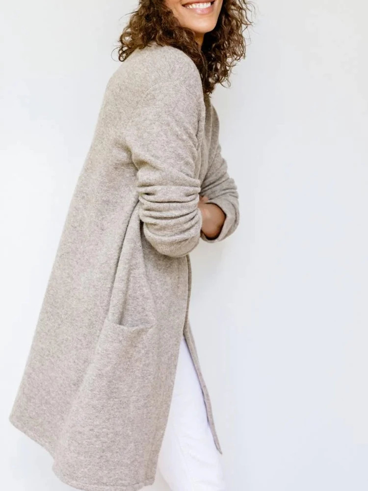 Autumn and Winter Womens Knitted Cardigan Sweater Temperament and Elegant Solid Color Long Sweater with Pocket 250116