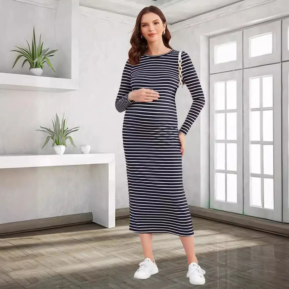 Womens Summer Long-sleeved Breathable Stripe Round-neck Pregnant Womens Dress For Comfortable Maternity Wear Maxi Skirt 250116