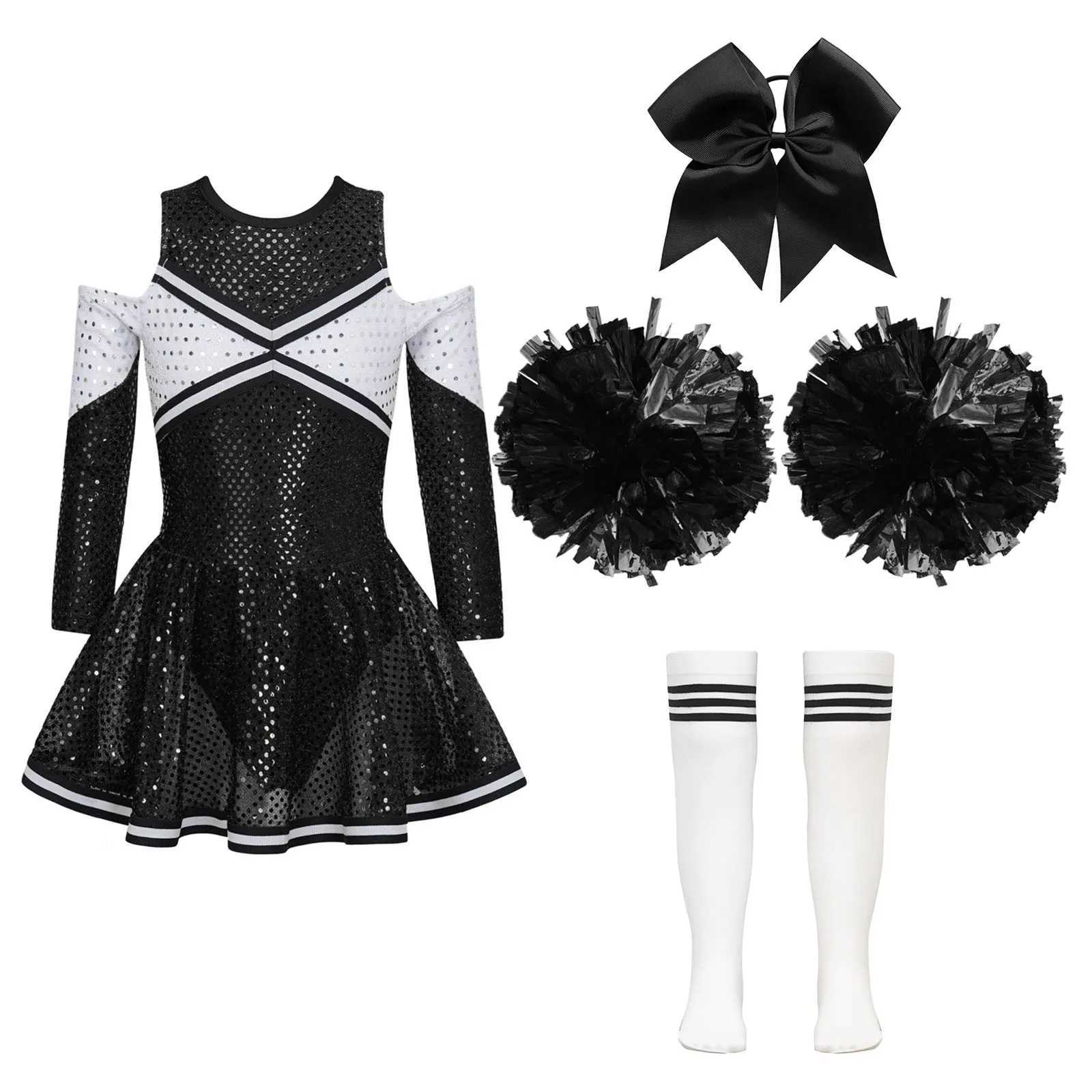 Childrens girls cheerleading dance costumes childrens glitter cheerleading uniforms dresses headwear handmade socks cheerleading costumesW250121