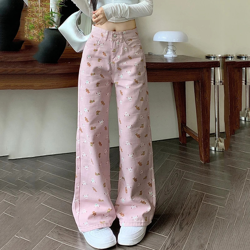 White pants baggy jeans women denim clothing slouchy full length high waisted Summer Printed 250122