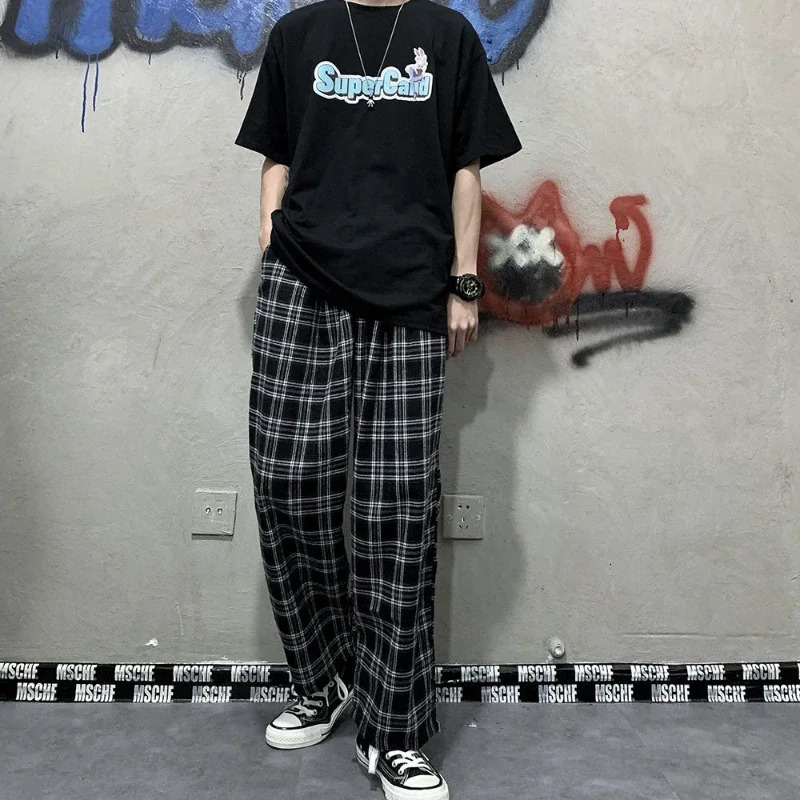Korean Style Plaid Pants Women Summer Loose Straight Wideleg Casual Office Lady Trousers Daily Sweatpants Female 250122