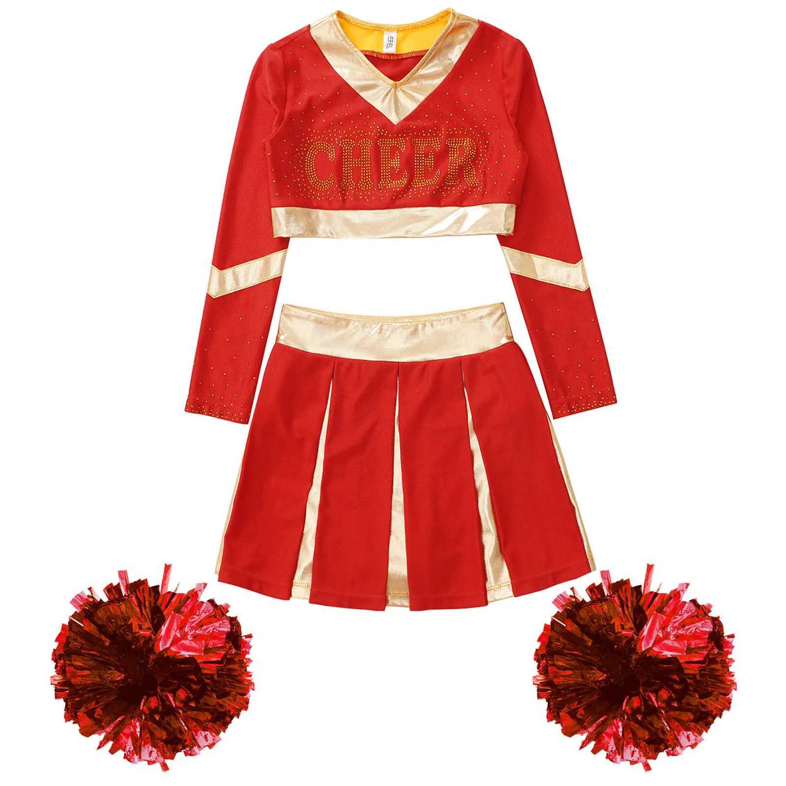 Kids Girls Cheer Dance Outfit Teens Cheerleading Uniforms with Hand Flowers Teen Dancewear Set for Children Performance ClothesW250121