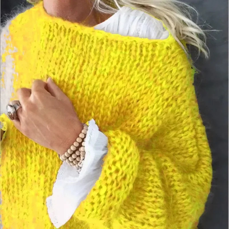 Mohair Women Lantern Long Sleeve Sweater Fluffy Pullover Knit Streetwear Oversized Jumper Coats Womens Clothing 250121