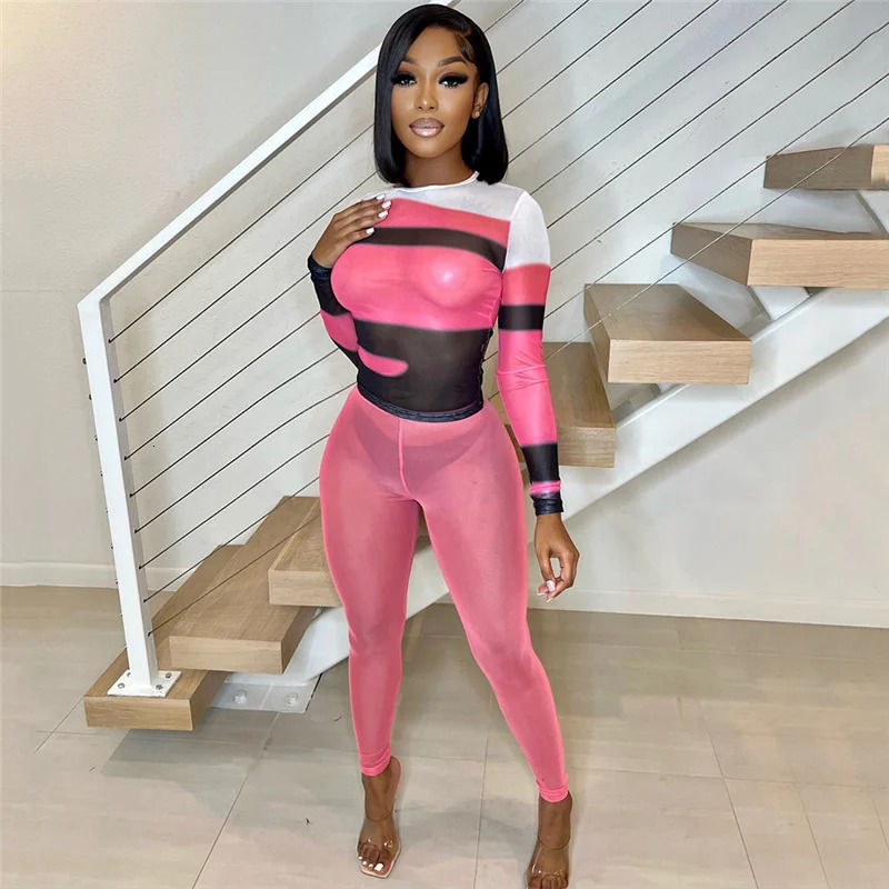 Sexy Mesh Sheer Striped Patchwork Two Piece Set Women Clubwear Long Sleeve Top Leggings Matching Sets Party Birthday Outfits 250108